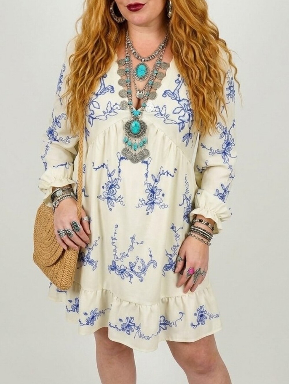 LIKE-NEW Scalloped Trim, Boho Orchids Ruffuled Mini Dress, Blue & Cream, Summer